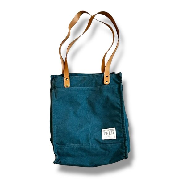 FEED Projects Tote Bag Reusable Teal Canvas Market Pockets Faux Leather Straps - Picture 1 of 11